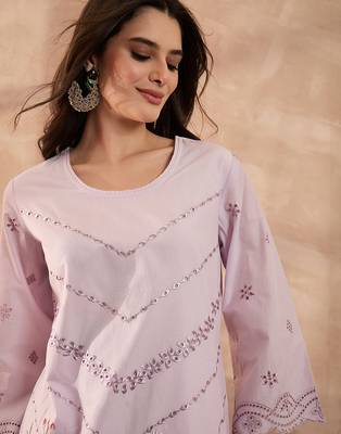 Women lavender pure cotton embroidered scalloped coord sets 2
