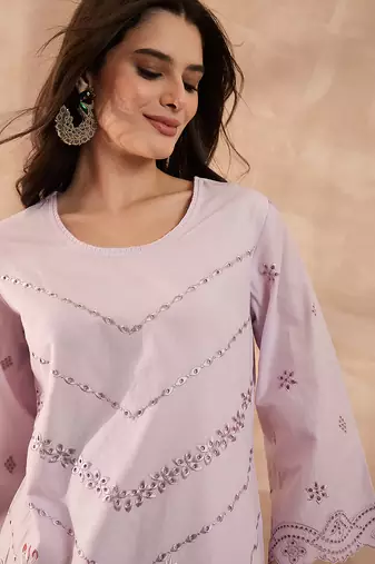 Women lavender pure cotton embroidered scalloped coord sets