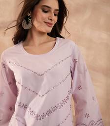 Women lavender pure cotton embroidered scalloped coord sets