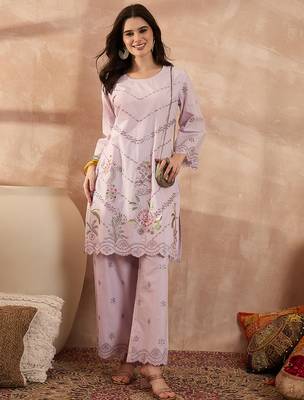 Women lavender pure cotton embroidered scalloped coord sets 1