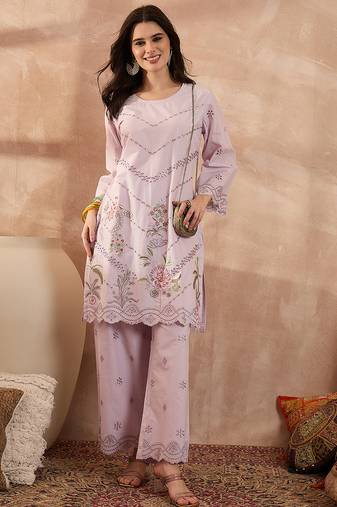 Women lavender pure cotton embroidered scalloped coord sets