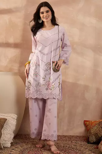 Women lavender pure cotton embroidered scalloped coord sets