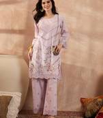 Women lavender pure cotton embroidered scalloped coord sets