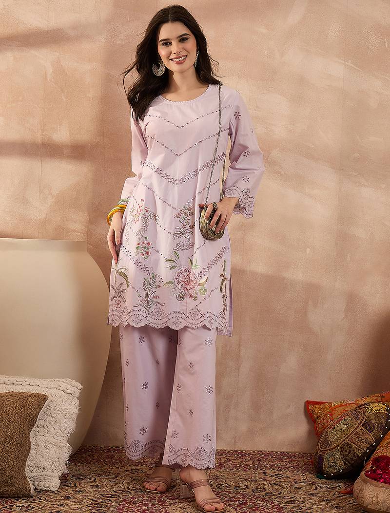 Women lavender pure cotton embroidered scalloped coord sets