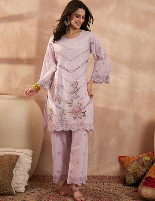 Women lavender pure cotton embroidered scalloped coord sets 3