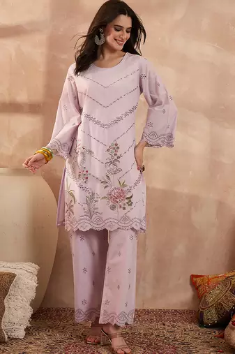 Women lavender pure cotton embroidered scalloped coord sets