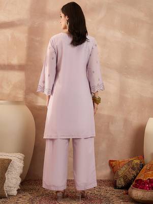 Women lavender pure cotton embroidered scalloped coord sets 4