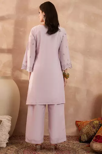 Women lavender pure cotton embroidered scalloped coord sets