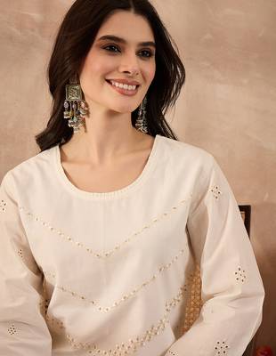 Women off white pure cotton embroidered scalloped coord sets 2