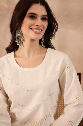 Women off white pure cotton embroidered scalloped coord sets