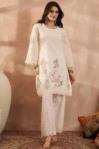 Women off white pure cotton embroidered scalloped coord sets