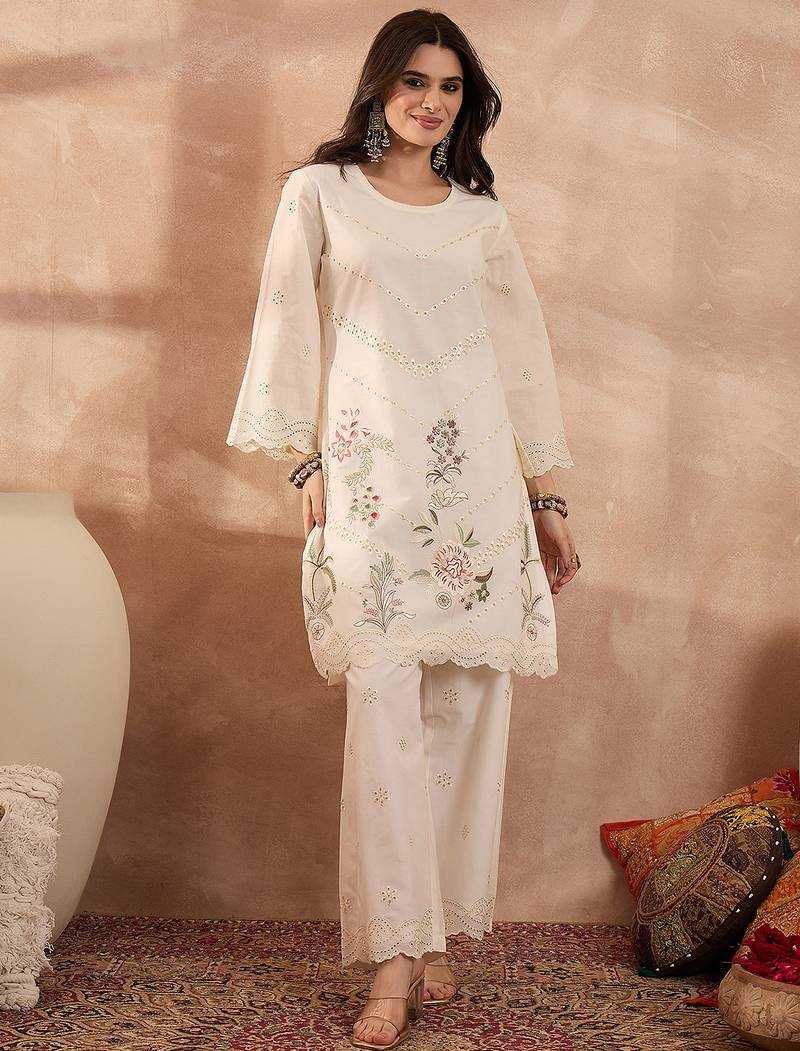 Women off white pure cotton embroidered scalloped coord sets