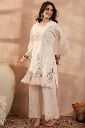Women off white pure cotton embroidered scalloped coord sets