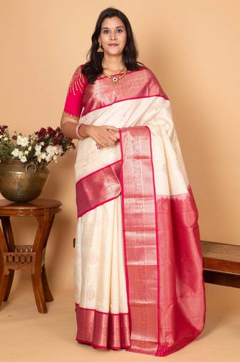 Egg shall white and pink checked pure kanchi silk saree