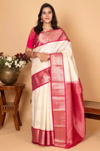 Egg shall white and pink checked pure kanchi silk saree