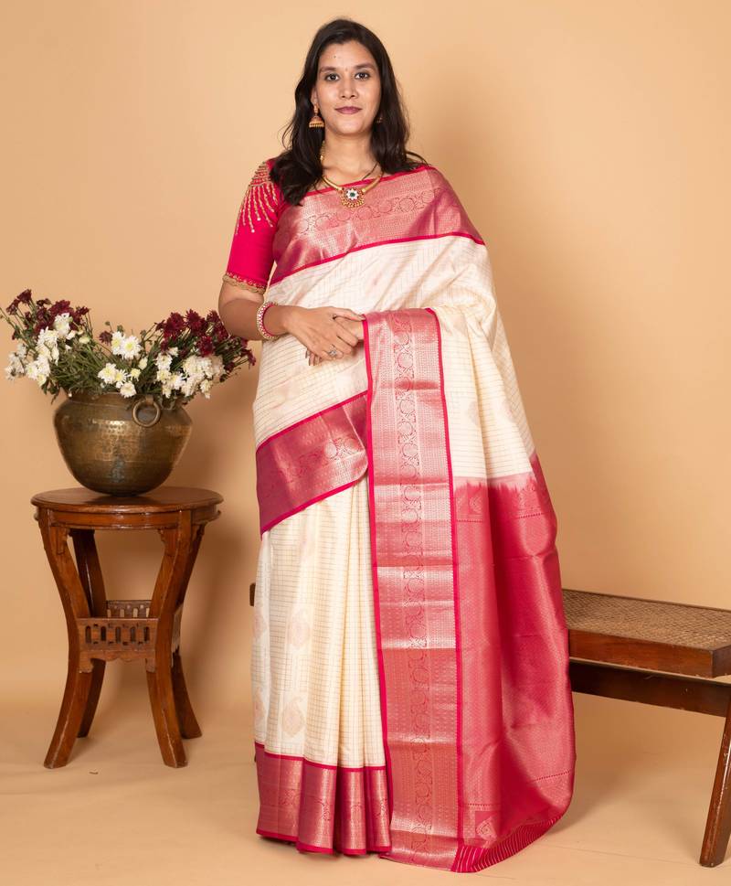 Egg shall white and pink checked pure kanchi silk saree