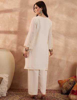 Women off white pure cotton embroidered scalloped coord sets 4