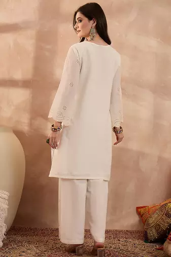 Women off white pure cotton embroidered scalloped coord sets