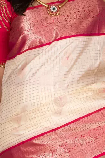 Egg shall white and pink checked pure kanchi silk saree