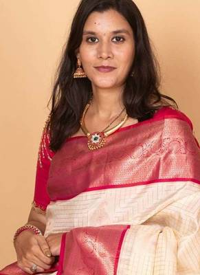 Egg shall white and pink checked pure kanchi silk saree 3