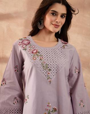 Women lavender pure cotton embroidered straight coord sets 2