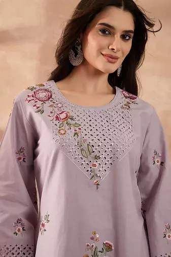 Women lavender pure cotton embroidered straight coord sets