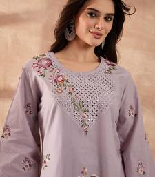 Women lavender pure cotton embroidered straight coord sets