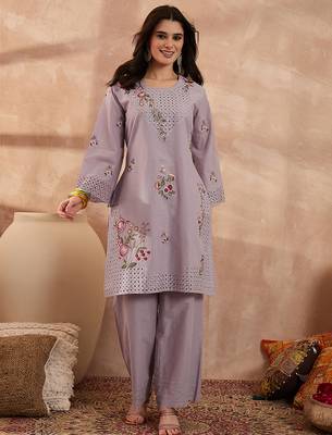 Women lavender pure cotton embroidered straight coord sets 1