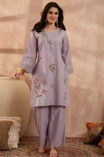 Women lavender pure cotton embroidered straight coord sets
