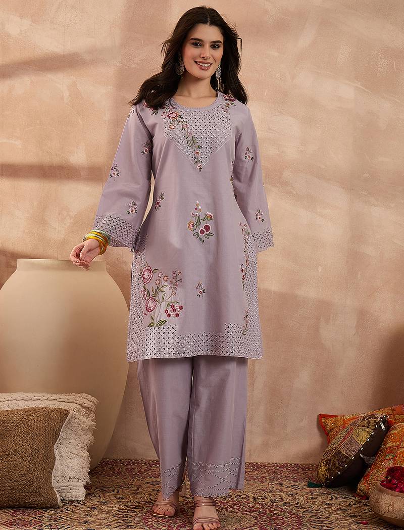 Women lavender pure cotton embroidered straight coord sets