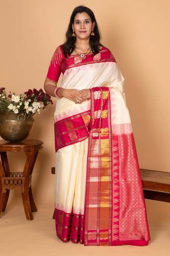 Egg shall white and pink traditional pure kanchi silk saree