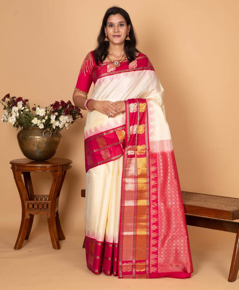 Egg shall white and pink traditional pure kanchi silk saree