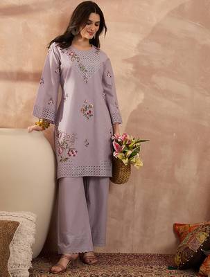 Women lavender pure cotton embroidered straight coord sets 3