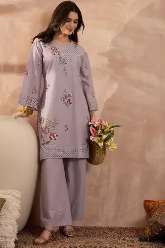 Women lavender pure cotton embroidered straight coord sets