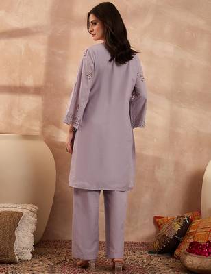 Women lavender pure cotton embroidered straight coord sets 4