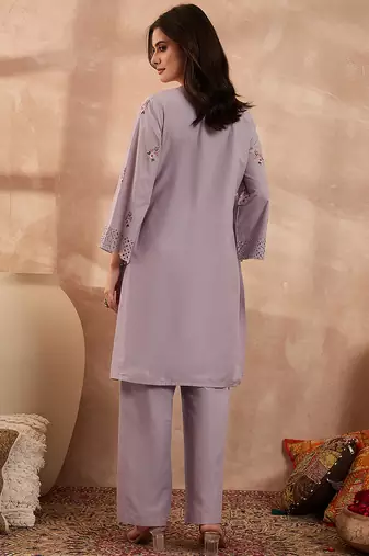 Women lavender pure cotton embroidered straight coord sets