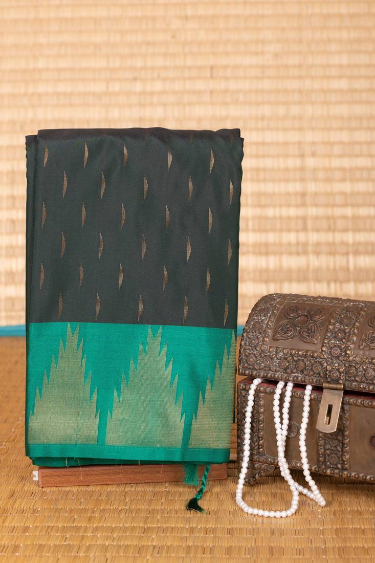 Bottle green and emerald green temple border soft silk saree