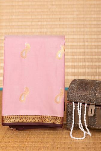 Dusky pink and garnet maroon small border semi silk saree