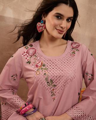 Women pink pure cotton embroidered straight coord sets 2