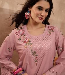 Women pink pure cotton embroidered straight coord sets