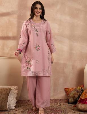 Women pink pure cotton embroidered straight coord sets 1