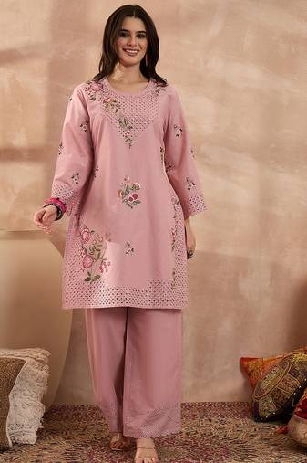 Women pink pure cotton embroidered straight coord sets