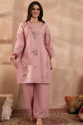 Women pink pure cotton embroidered straight coord sets