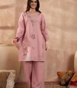 Women pink pure cotton embroidered straight coord sets