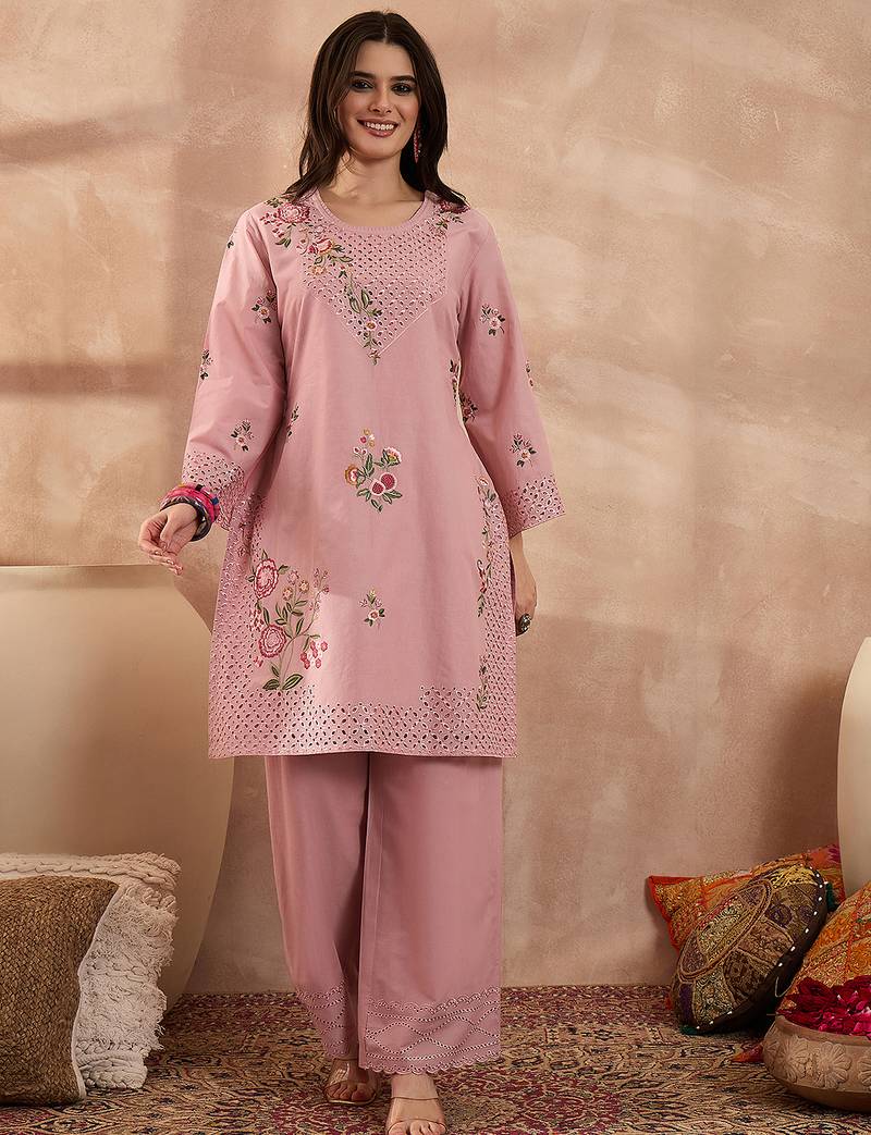 Women pink pure cotton embroidered straight coord sets