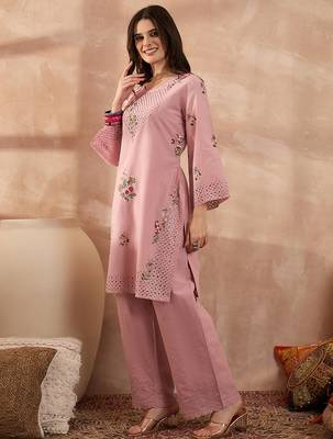 Women pink pure cotton embroidered straight coord sets 3