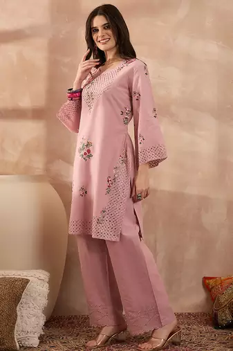 Women pink pure cotton embroidered straight coord sets