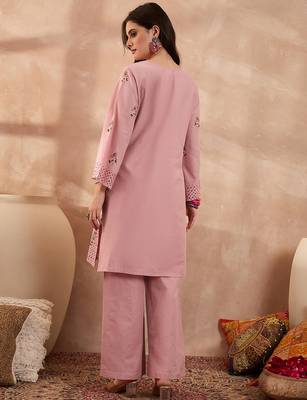 Women pink pure cotton embroidered straight coord sets 4