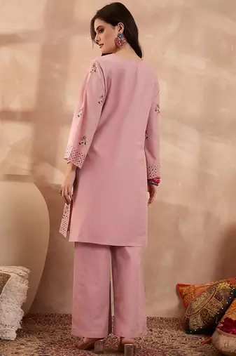Women pink pure cotton embroidered straight coord sets