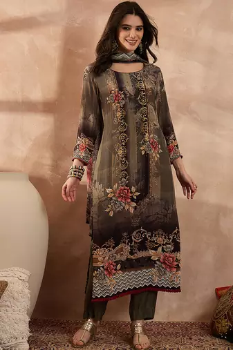 Women off white pure silk solid printed straight kurta trousers with dupatta